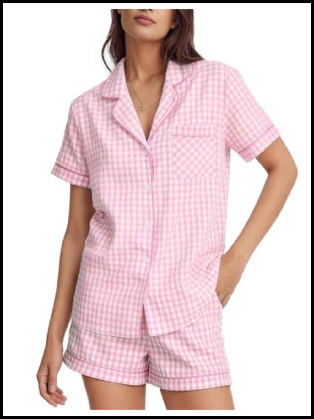 Womens Gingham 2 Piece Pajama Set Button Down Cotton Short Sleeve Lounge